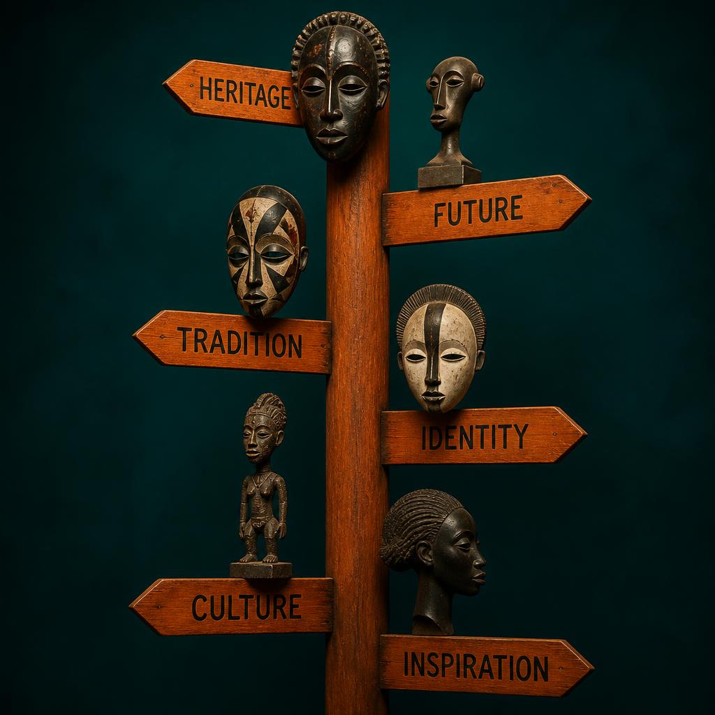 Sculptures and masks arranged on a wooden signpost